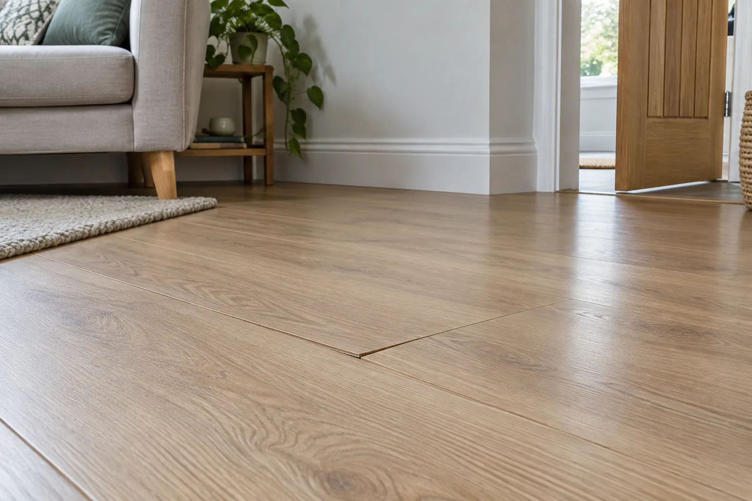 Narrow open end joint between light oak laminate boards in a UK living room