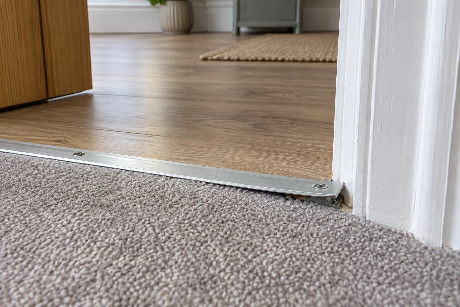 Aluminium doorway threshold strip lifting at one end between carpet and laminate