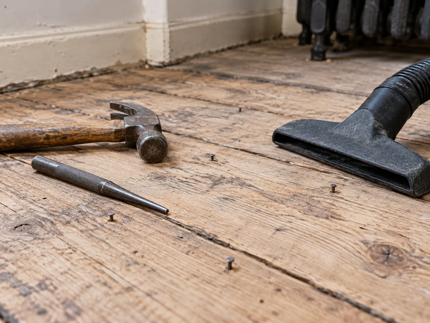 Protruding floorboard nails beside a nail punch, hammer and vacuum nozzle