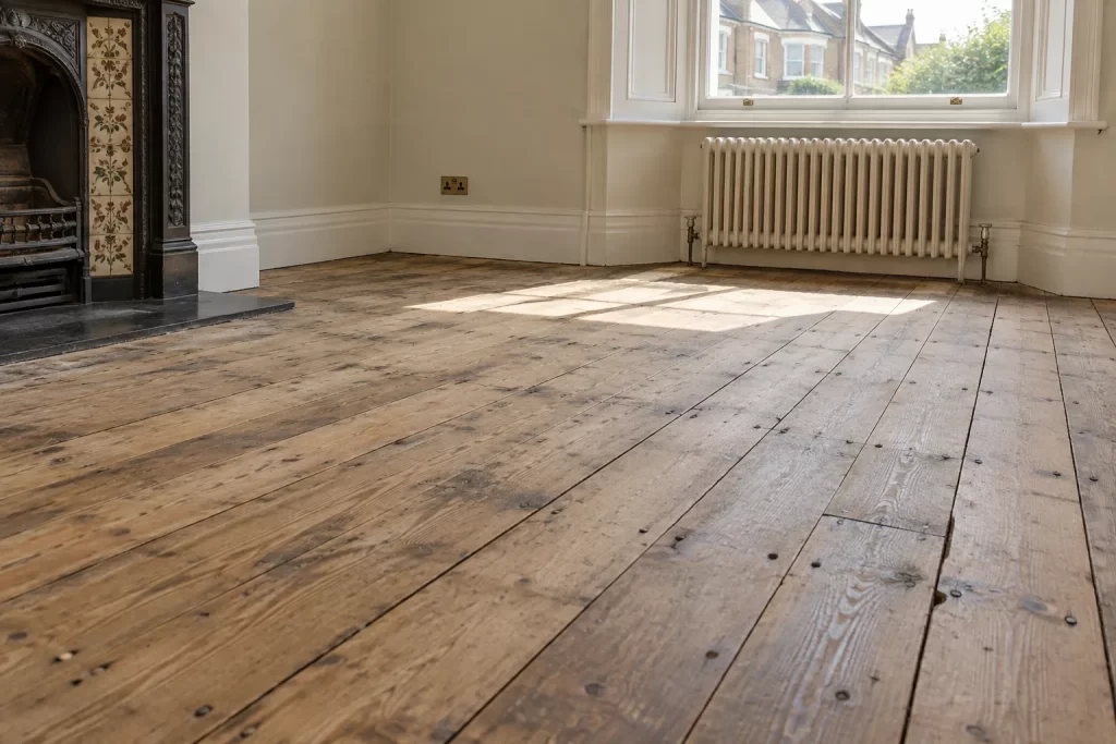Empty UK period room with worn original pine floorboards ready for preparation