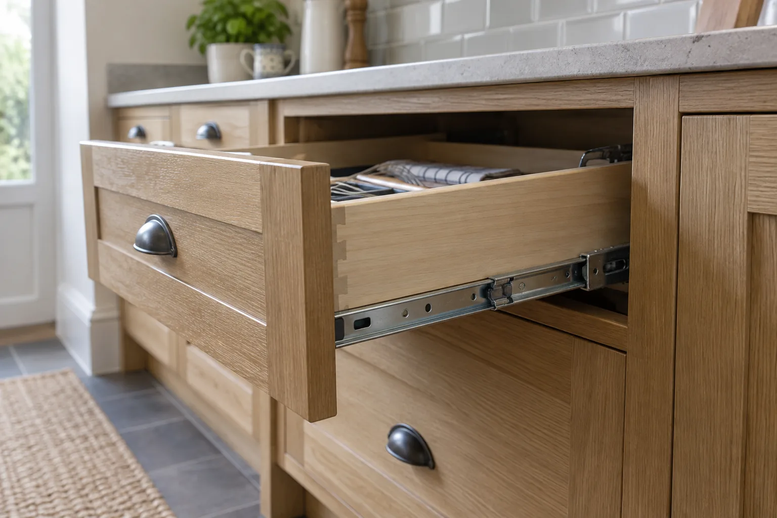 Misaligned wooden kitchen drawer partly extended on metal runners
