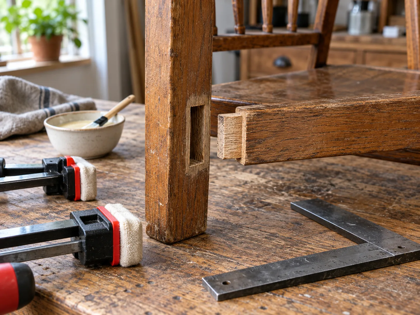 Clean mortise-and-tenon chair joint beside padded clamps and a square