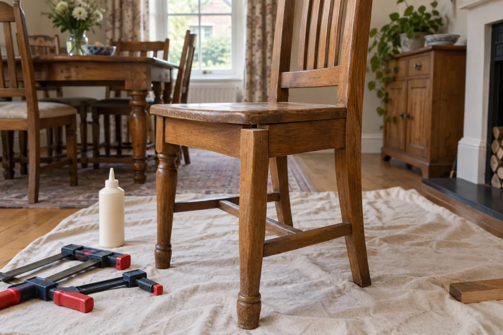 Traditional wooden dining chair with a visibly loose leg joint ready for repair