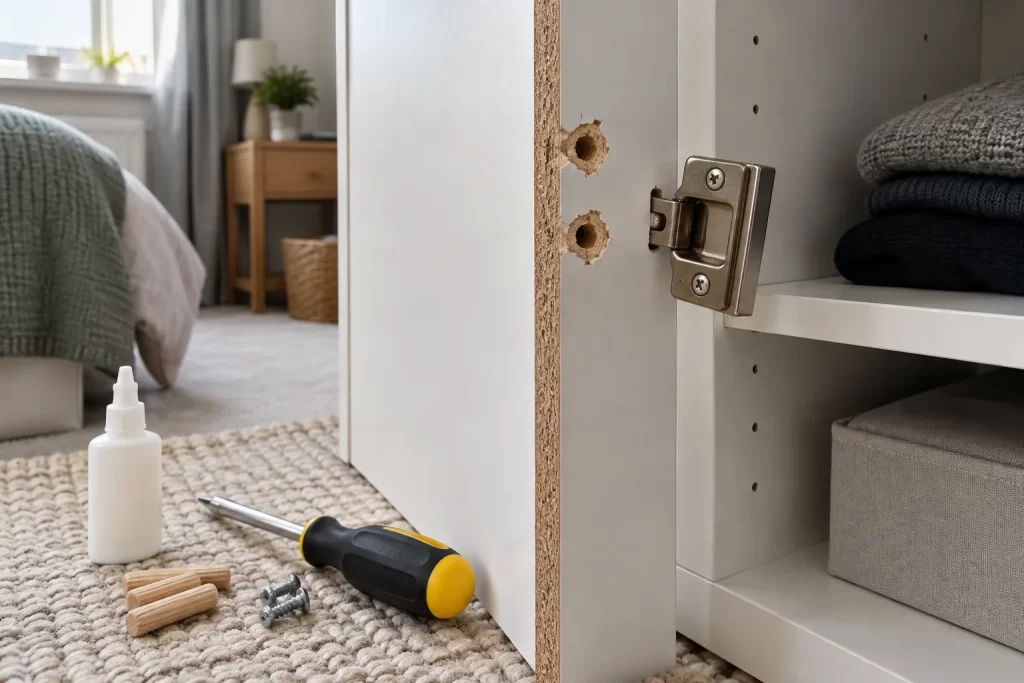 Loose wardrobe hinge beside enlarged screw holes in a melamine-faced chipboard panel