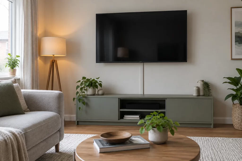 Wall-mounted television with white surface cable trunking leading to a media unit
