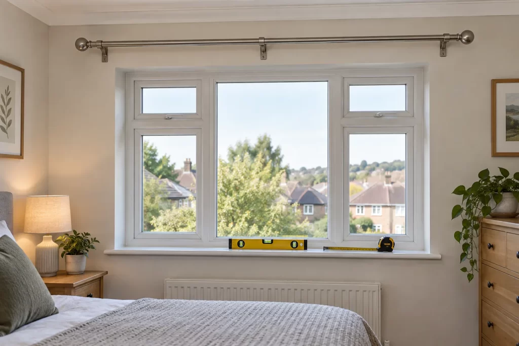 Metal curtain pole fixed level on three brackets above a wide UK bedroom window