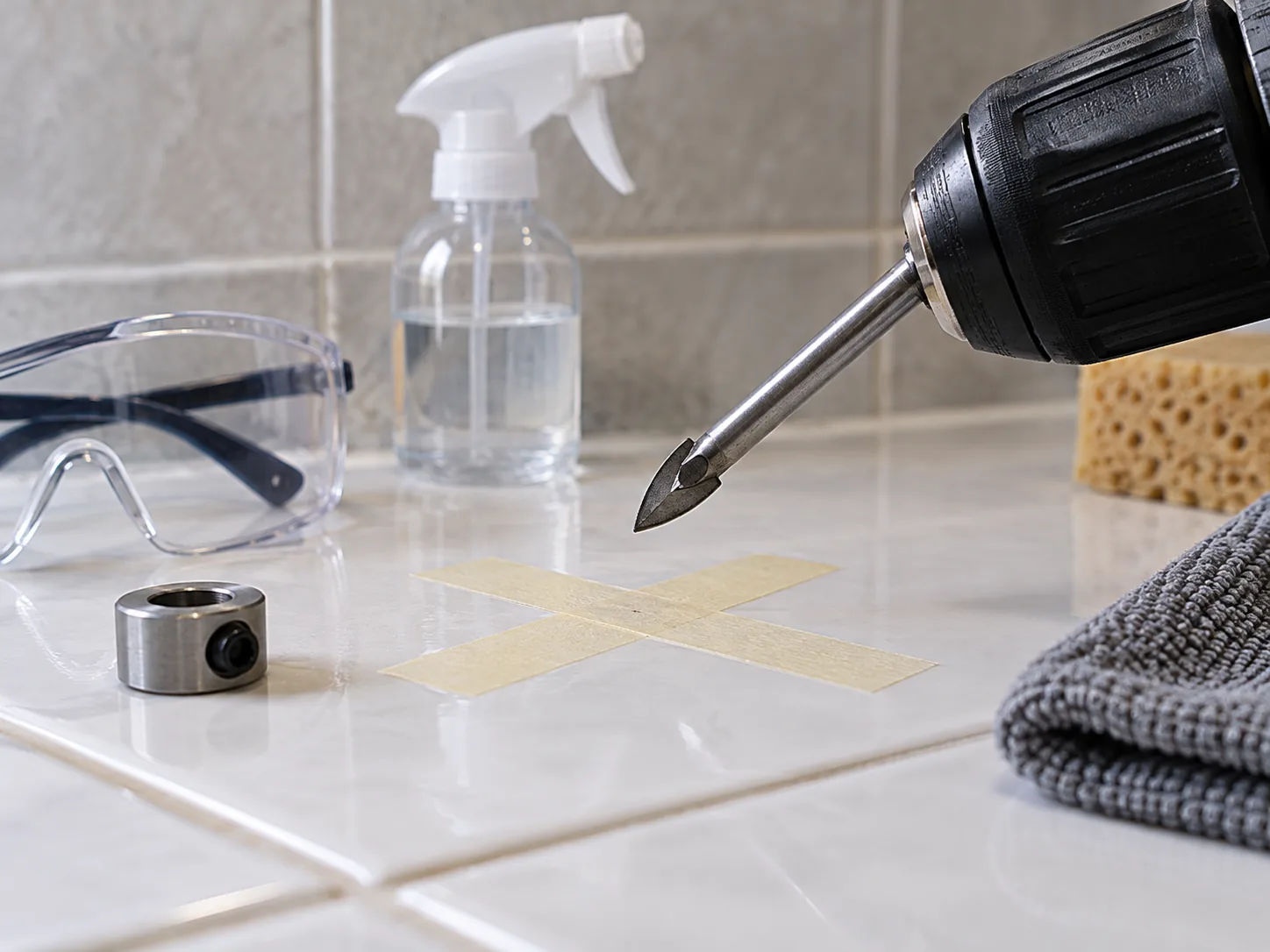 Spear-point tile bit aligned with a taped mark on a glazed ceramic tile