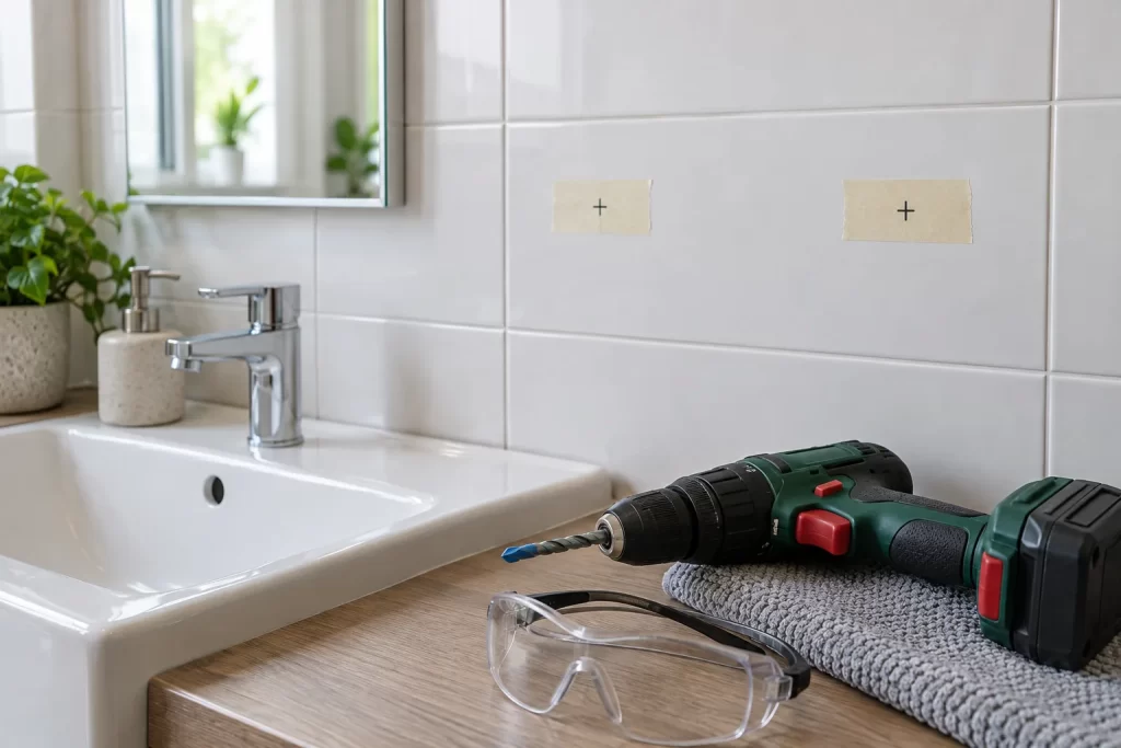Marked drill points on glazed bathroom tiles beside a drill and safety glasses