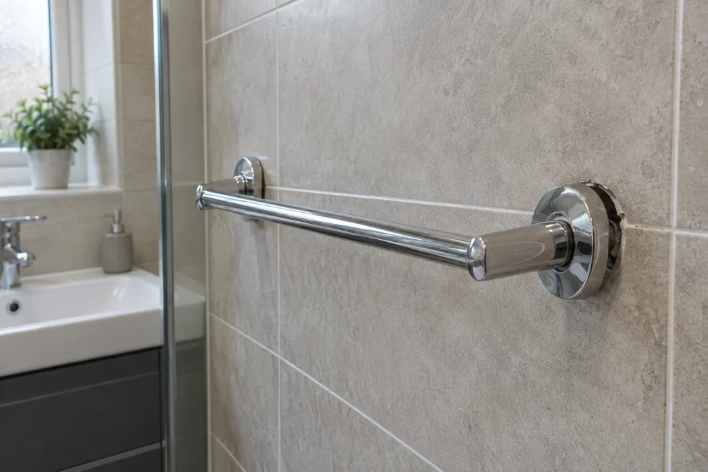 Chrome towel rail pulling away from a grey tiled bathroom wall