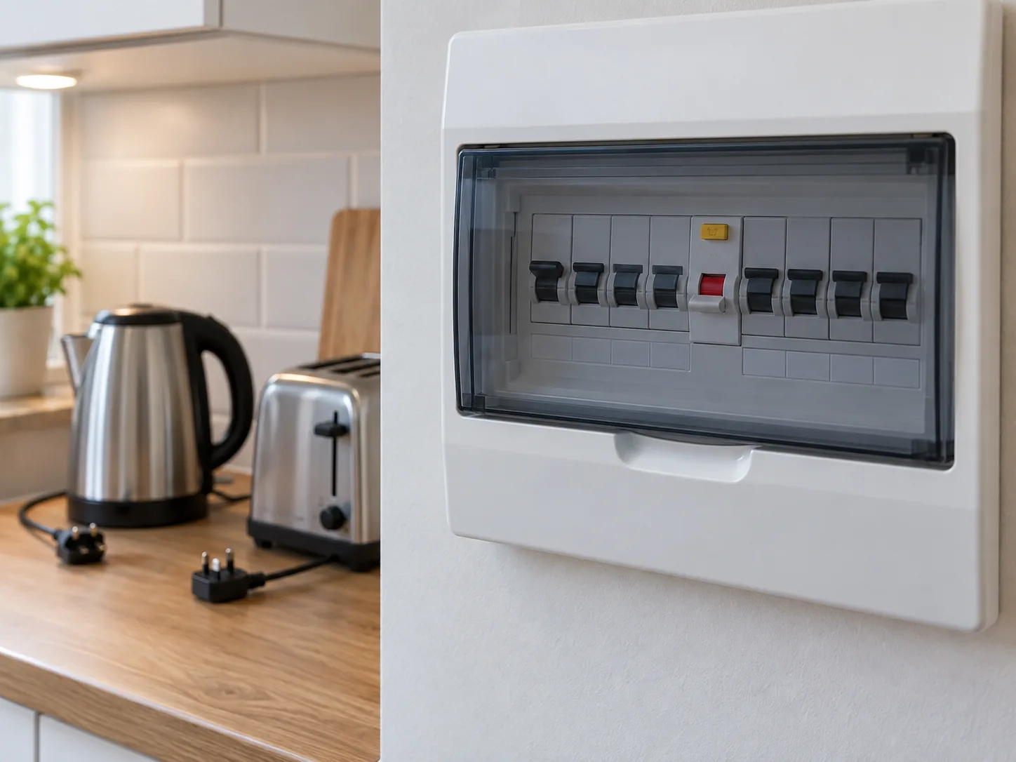 Closed consumer unit beside unplugged kitchen appliances during safe fault isolation