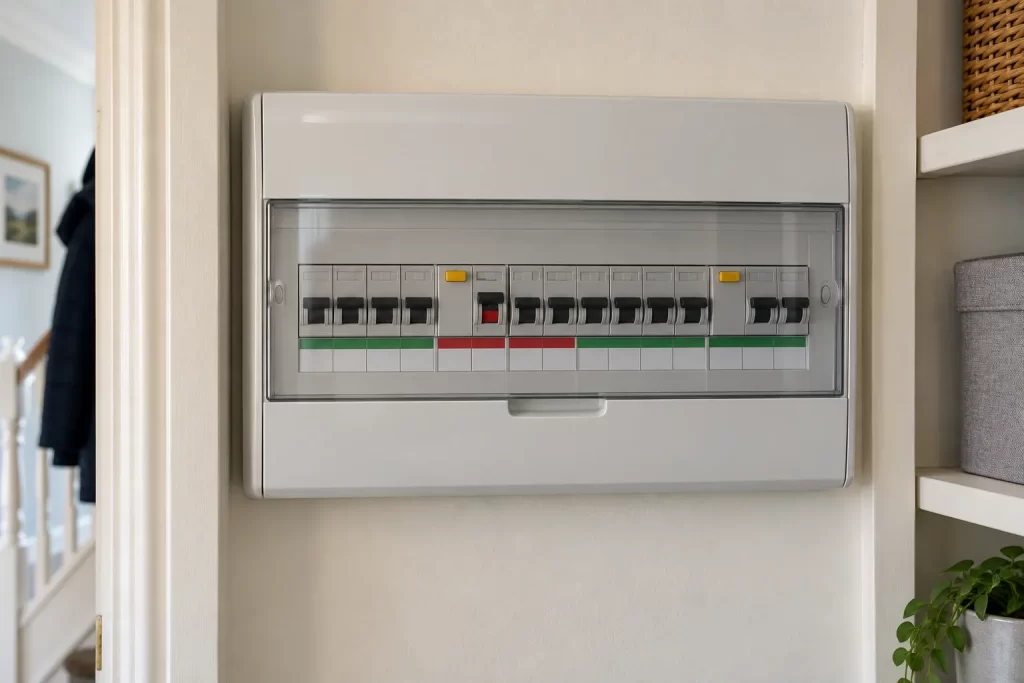 Closed UK consumer unit with one protective-device switch in the tripped position