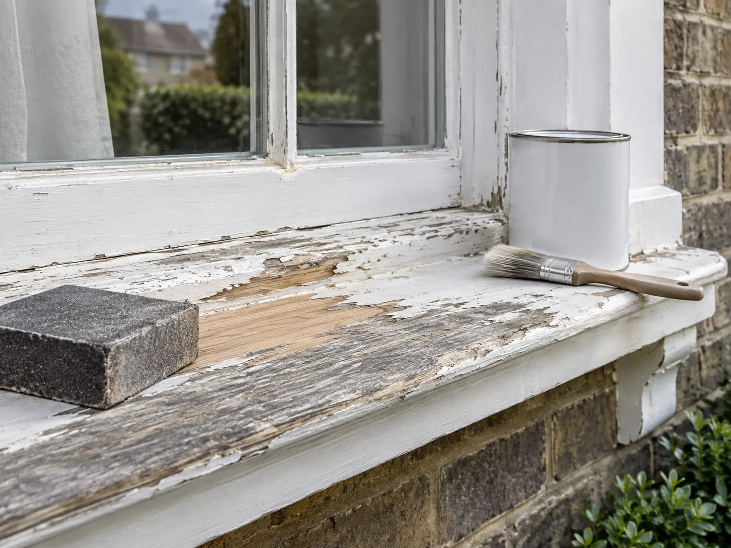 Partly scraped timber window sill beside sanding block, exterior primer and brush