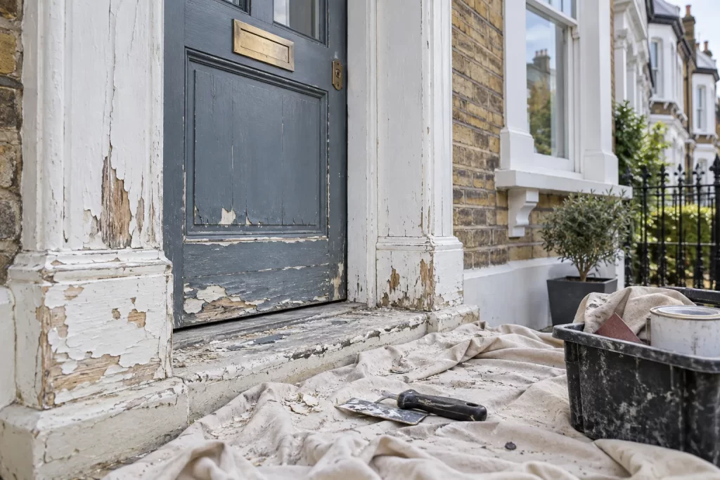 Peeling paint on a weathered timber front-door frame of a British terraced house