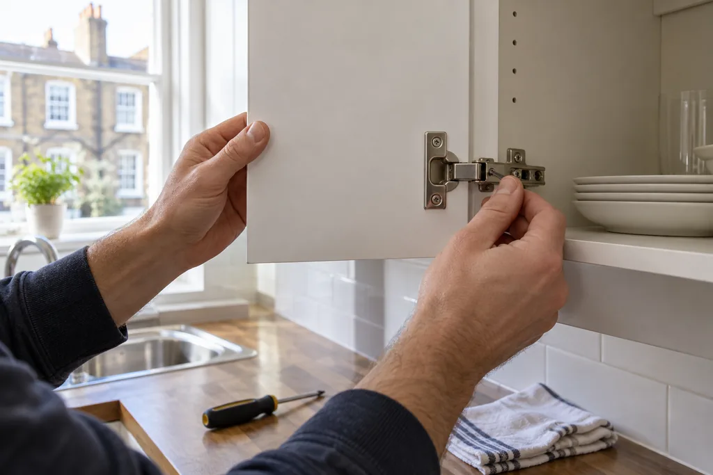 Close view of a kitchen cupboard hinge being checked during a rental handover