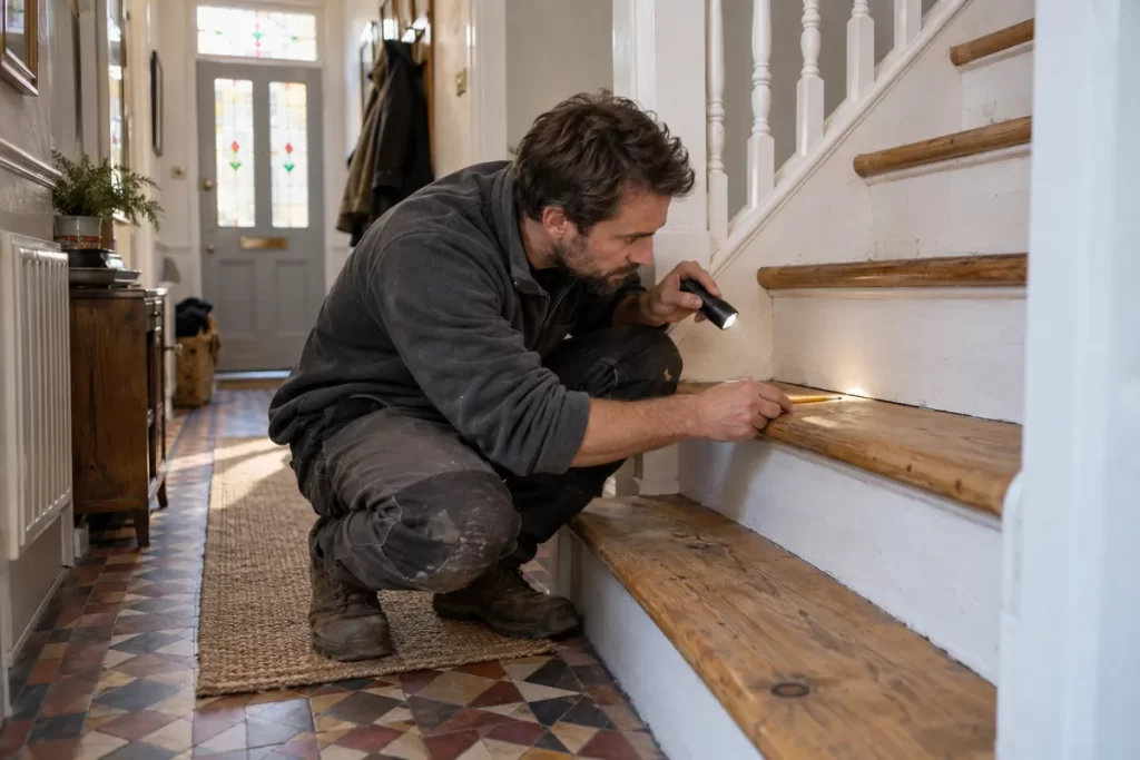 Carpenter inspecting a timber stair tread in a London home