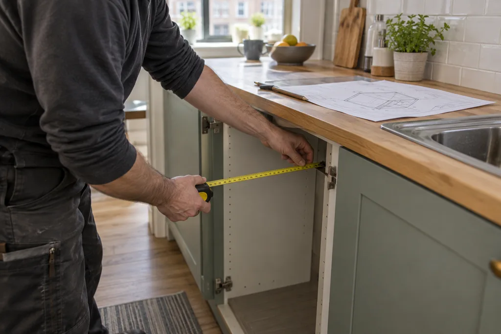 Installer checking the clearance beside a kitchen sink before dishwasher fitting