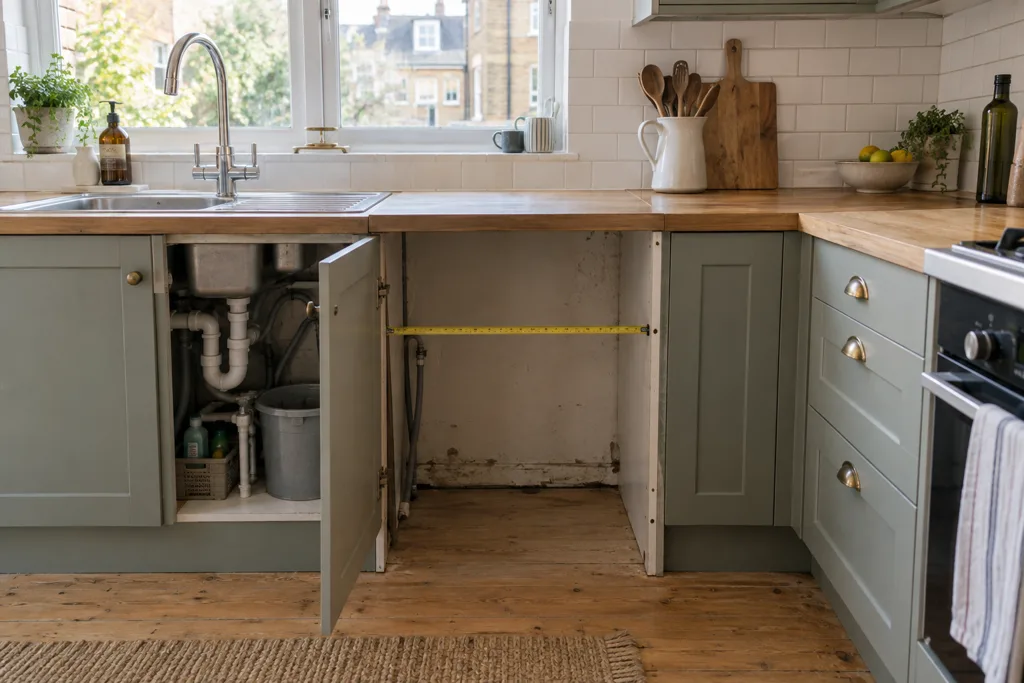 Compact UK kitchen with a measured cupboard opening ready for a dishwasher