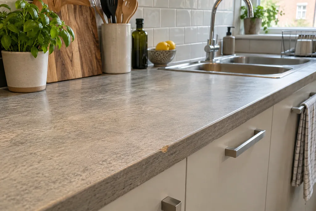 London kitchen worktop with a small chipped edge in daylight