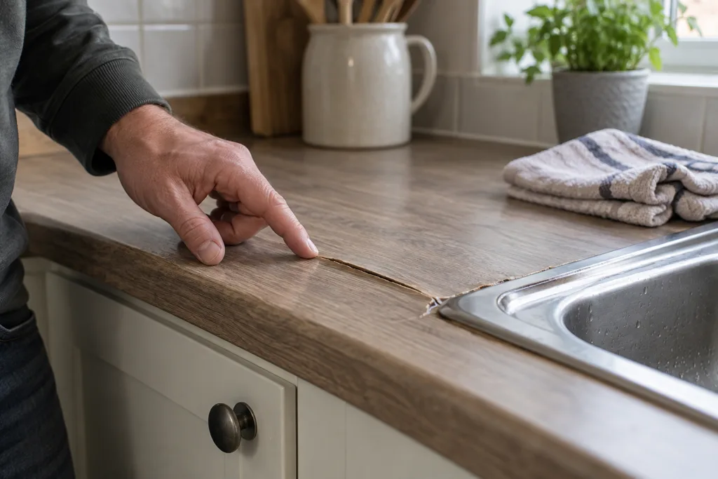 Raised laminate worktop joint beside a kitchen sink