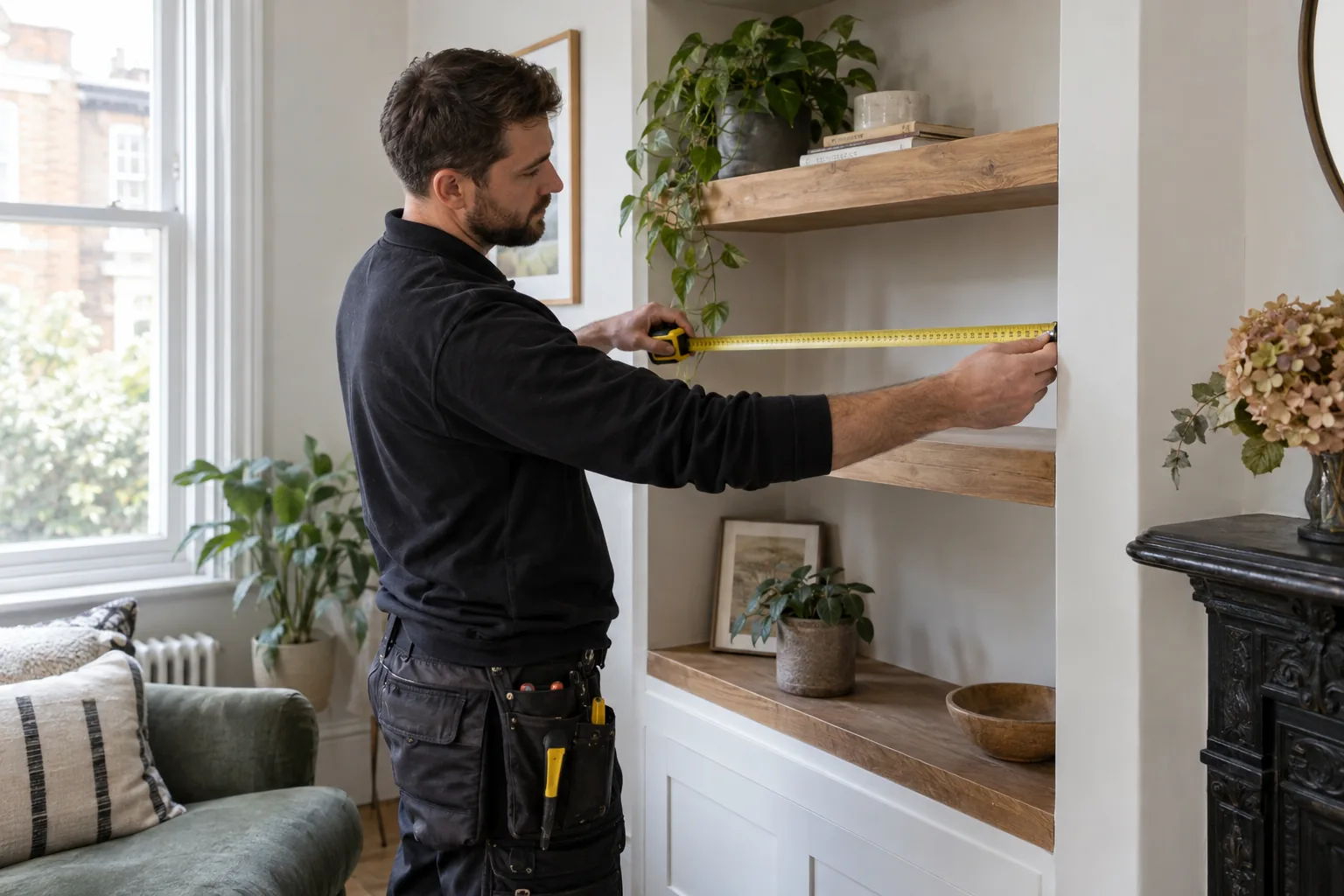 Handyman measuring an alcove before fitting shelves in a London home