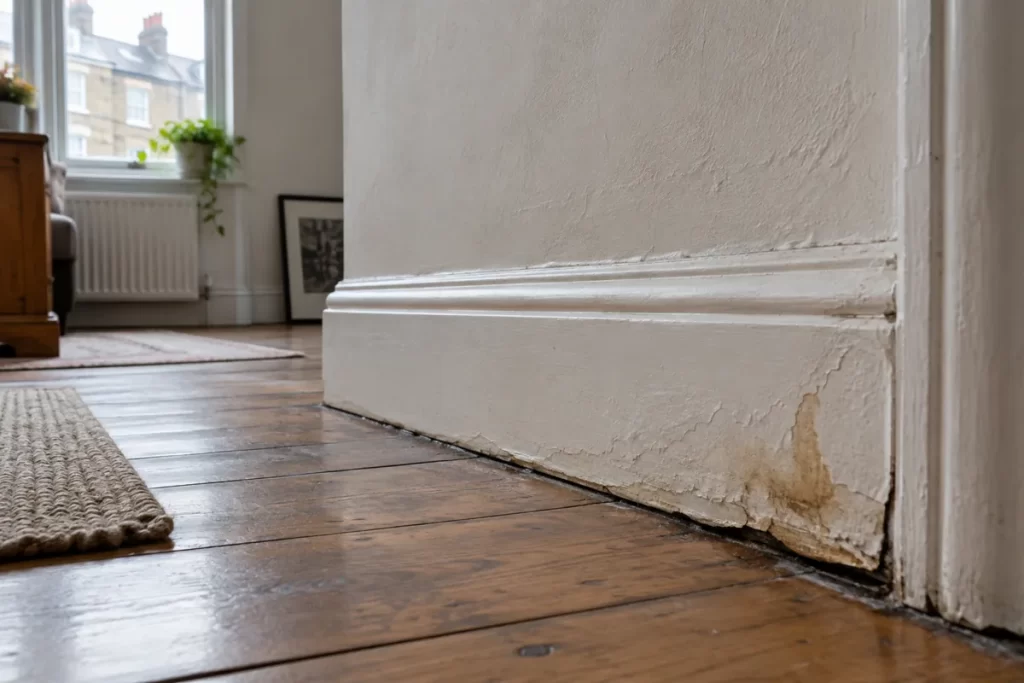 Water-stained skirting board beside a wall in a London home
